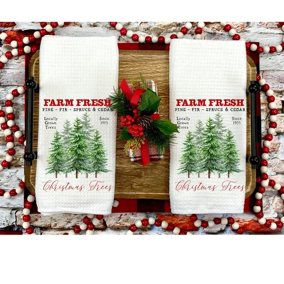 Christmas Tea Towels, Set of 2, Kitchen and Bath, Christmas Trees, Holiday Gift - Picture 2 of 3